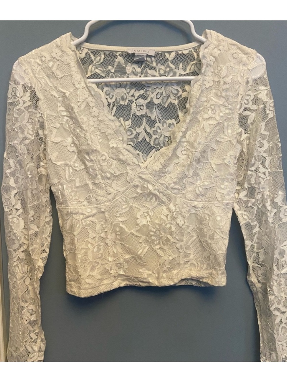 Amisu Cream Lace V-Neck Long Sleeve Cropped Blouse